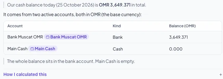 MajanERP AI answering a cash question with source references