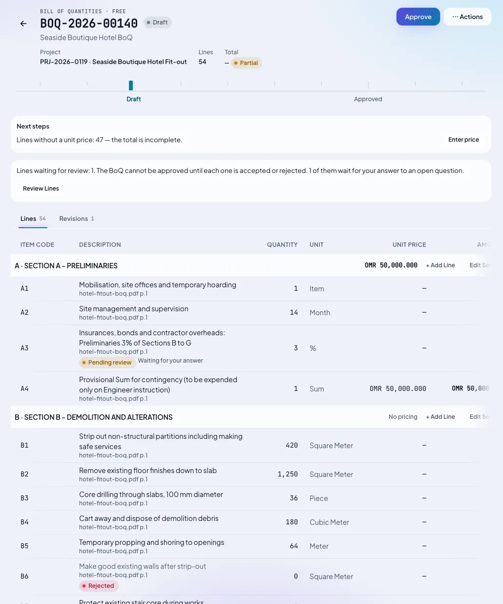 MajanERP AI-prepared BoQ screen showing detailed bill-of-quantities lines